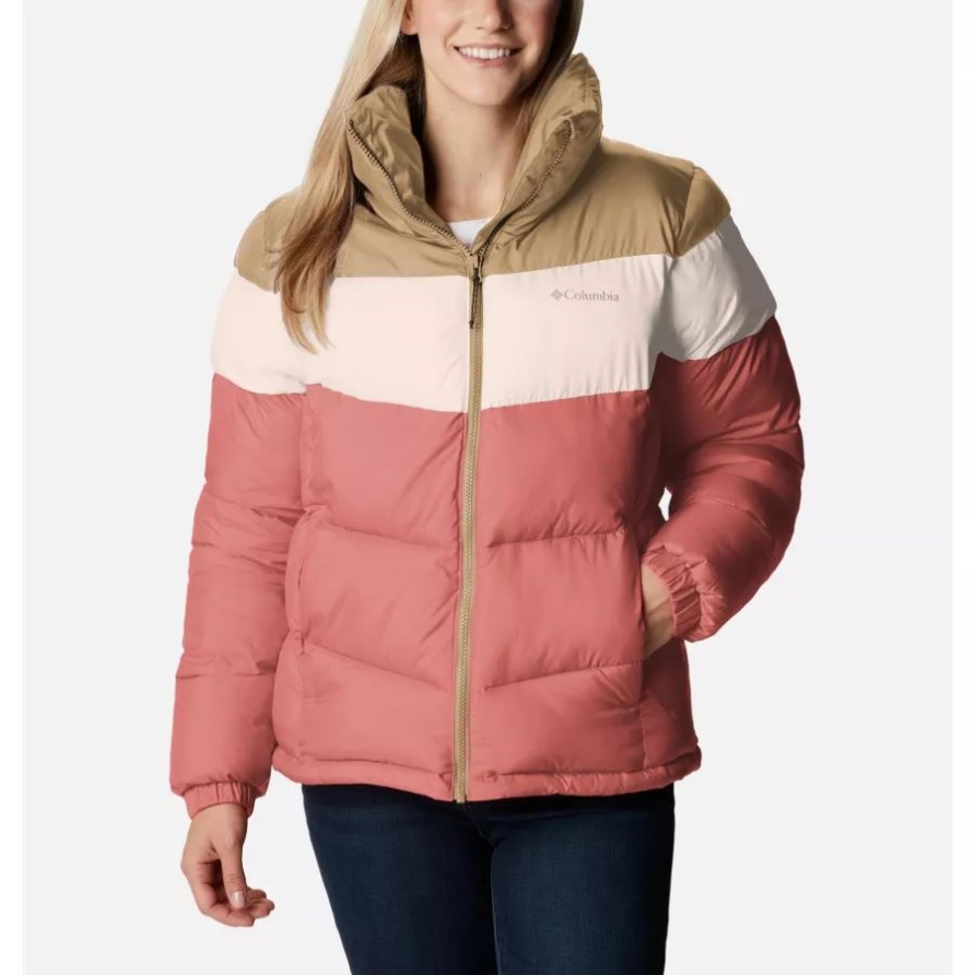 Columbia Puffect Colorblock-Pufferjacke Für Damen, Dunkle Koralle/Pfirsichblüte/Strand