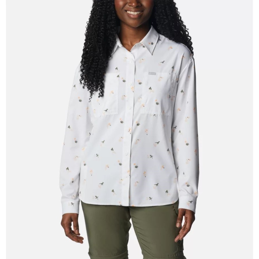 Columbia Damen Silver Ridge Utility Gemustertes Langärmliges Hemd Weiß/Baja Blitz