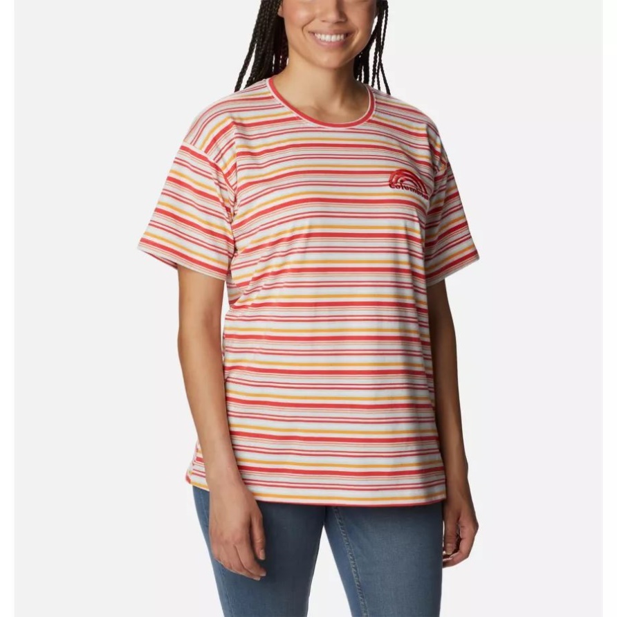 Columbia Sun Trek übergroßes T-shirt Für Damen Roter Hibiskusklimawechselstreifen