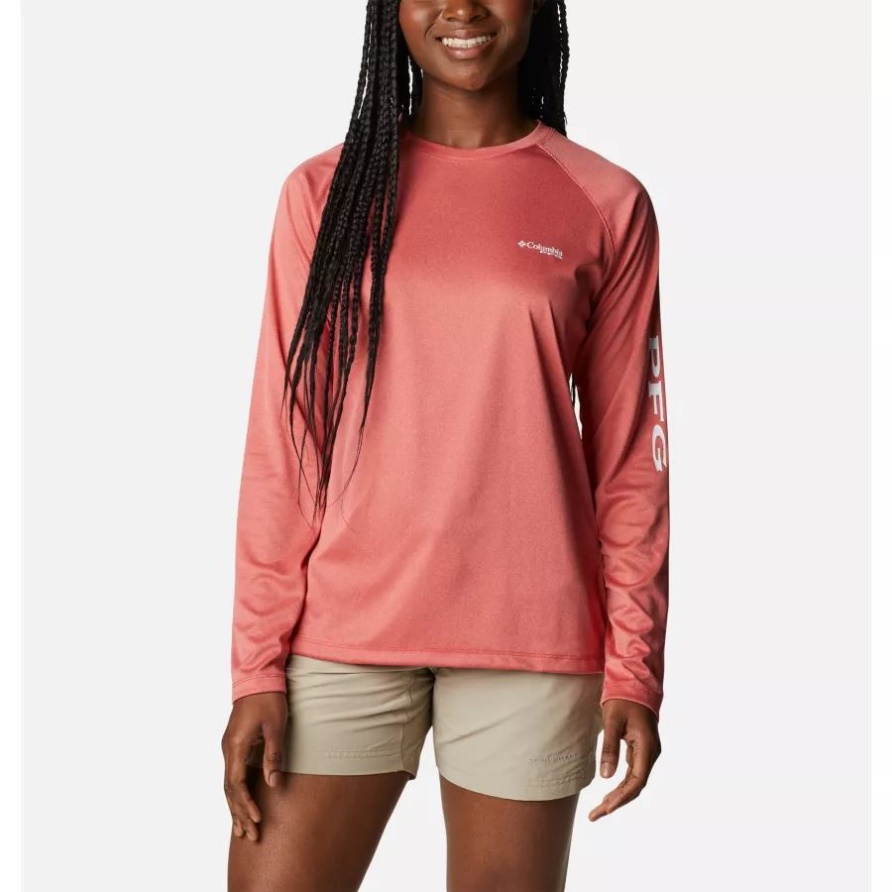 Columbia Gezeiten-T-Shirt Für Damen Pfg Heather Langarm Red Spark Heather/weißes Logo