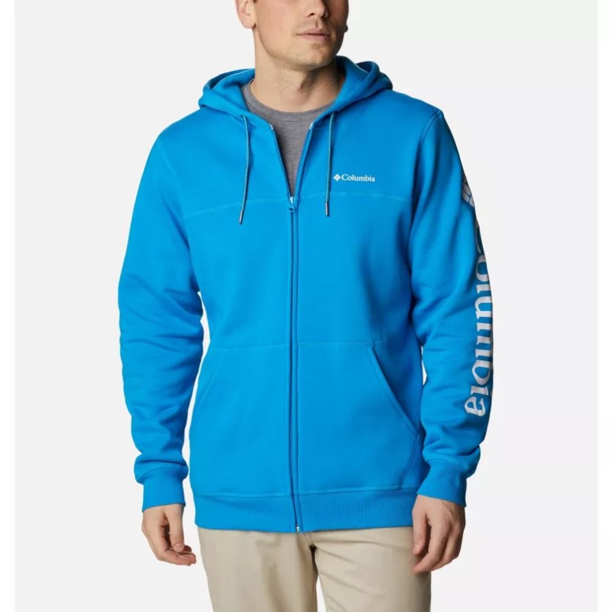 Kompassblauer/weißer Columbia-Logo-Fleece-Hoodie Mit Durchgehendem Reißverschluss Für Herren Columbia