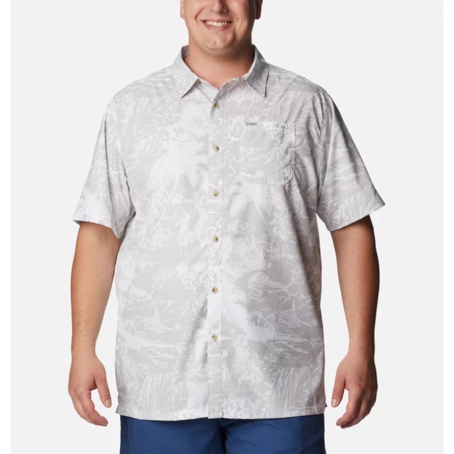 Pfg Super Slack Tide Camp Shirt Für Männer Mit Coolem Grauem Hula-fischdruck Big Columbia