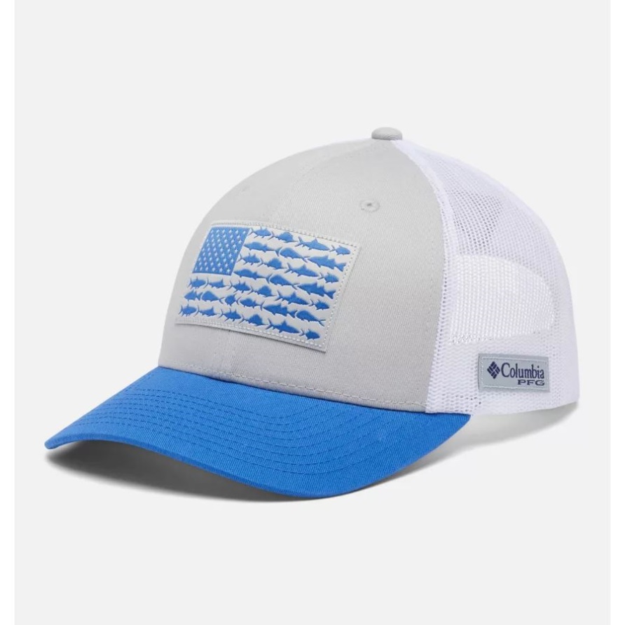 Cooles Grau/weiß/lebendiges Blau Columbia Pfg Fish Flag Mesh Snapback Mid Crown