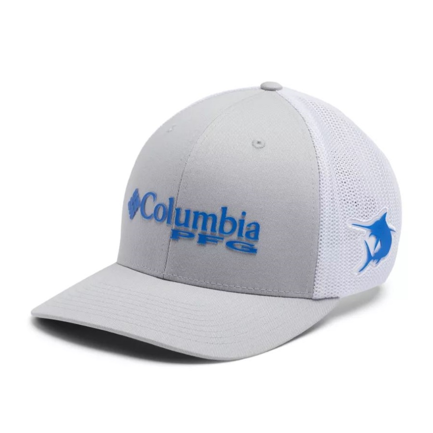 Cool Grau/weiß/lebendiges Blau/marlin Columbia Pfg Logo Mesh Kugelkappe Mitte Krone