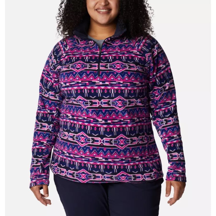 Dark Sapphire 80s Stripe Print Columbia Damen-Pullover Mit Halbem Reißverschluss Und Glazial-IV-Print In Übergröße