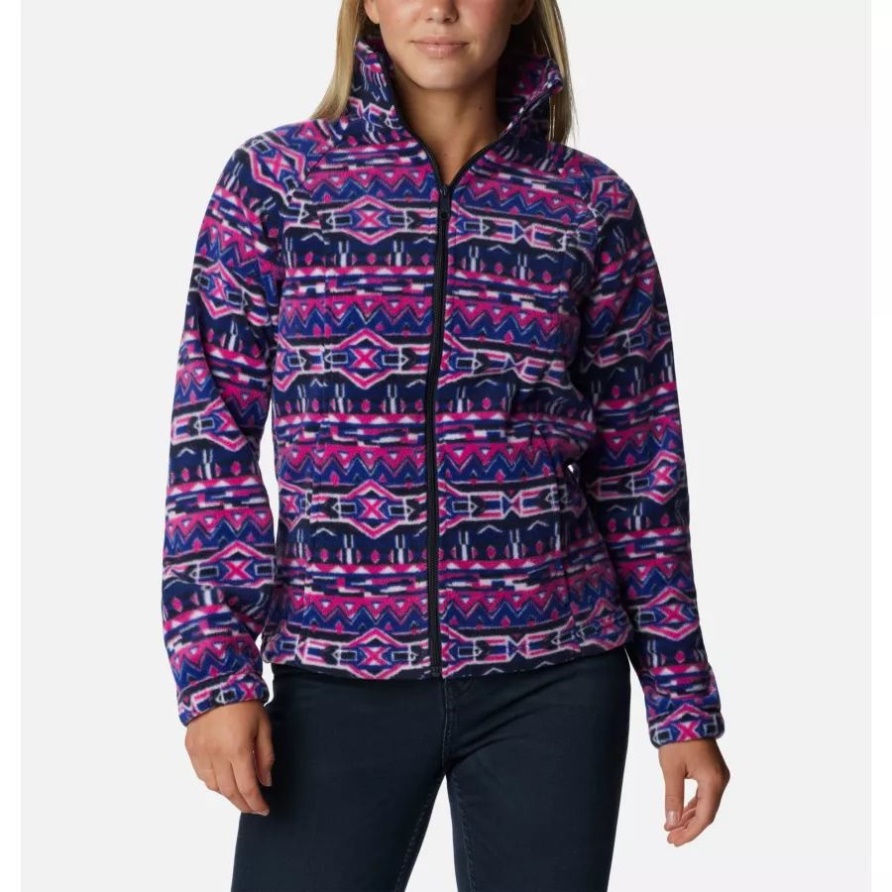 Dunkelsaphirfarbene 80er-Jahre-Streifen-Damen-Fleecejacke Mit Durchgehendem Reißverschluss Und Benton-Federn-Print Columbia