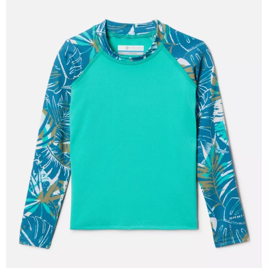 Kurzarm-Sonnenschutzhemd Mit Aufdruck „Sandy Shores“ Für Kleinkinder In Elektrischem Türkis/Deep Marine King Pal Columbia