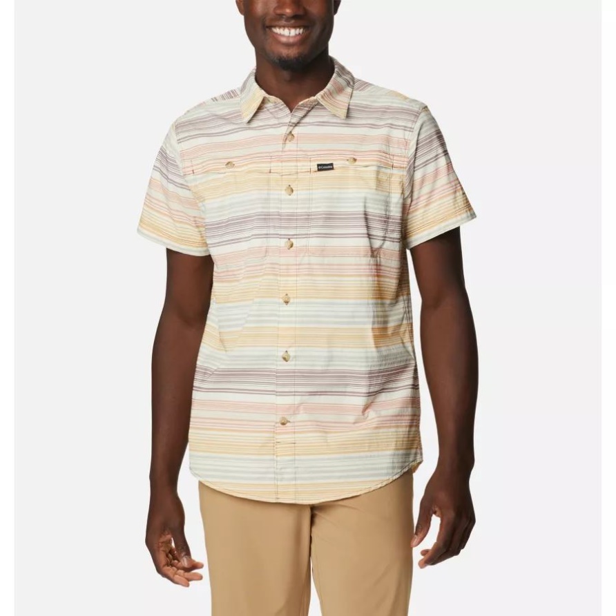 Herren Newton Ridge Karo Kurzarmhemd Columbia Light Raisin Striped Sunset