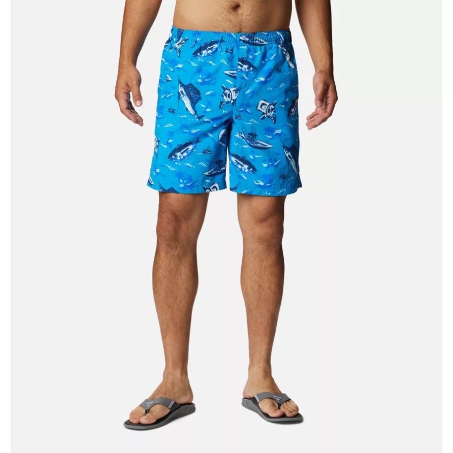 Herren Pfg Super Backcast Water Shorts Blue Macaw Reel Dreamz Print Columbia