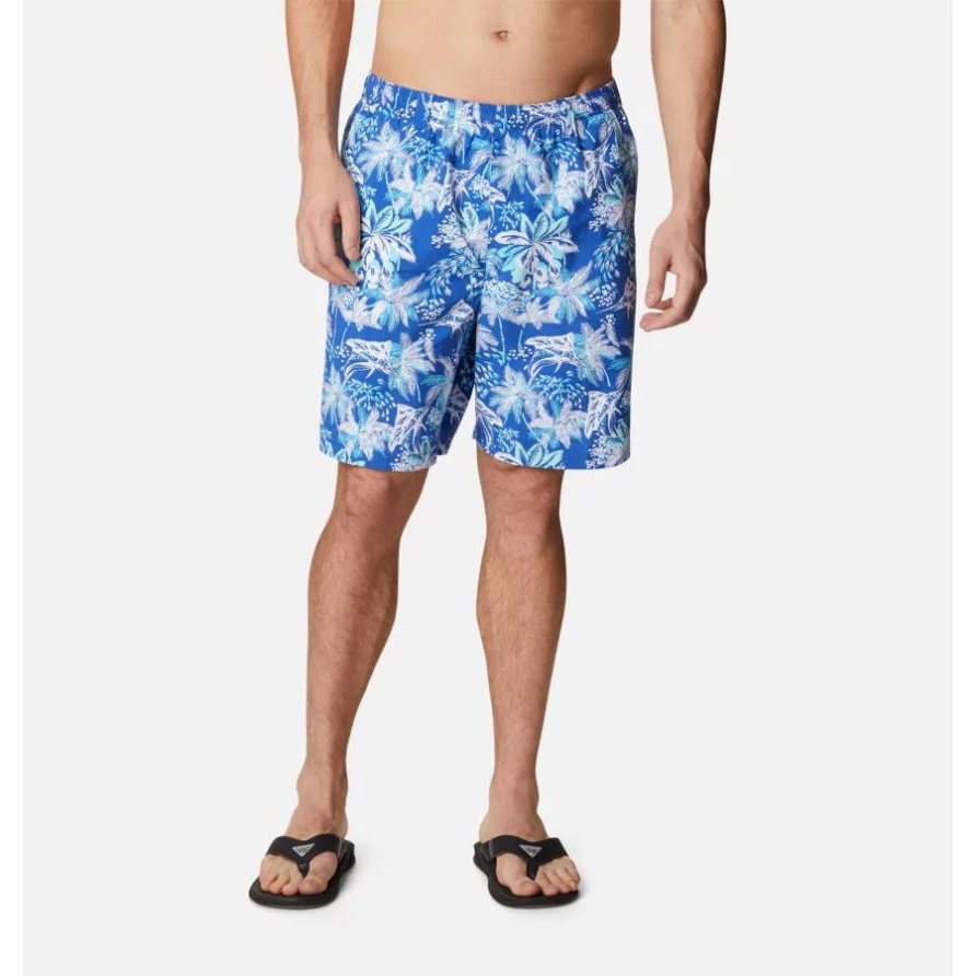 Pfg Super Backcast Wassershorts Für Herren Columbia Blue Macaw Festlicher Fischdruck