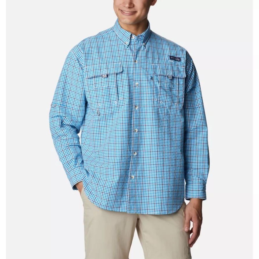 Pfg Super Bahama Langarmhemd Für Herren Columbia Compass Blue Gingham Grid