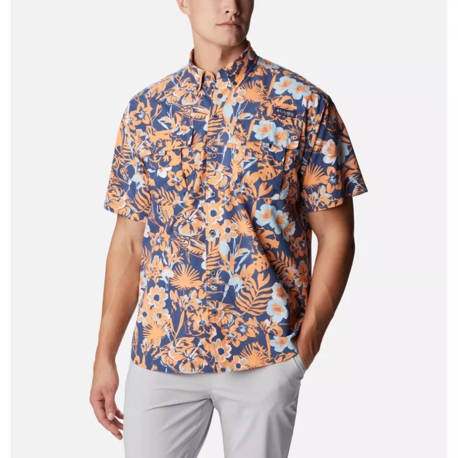 Pfg Super Bahama Kurzarmhemd Für Herren Columbia Carbon Marlin Tropischer Druck