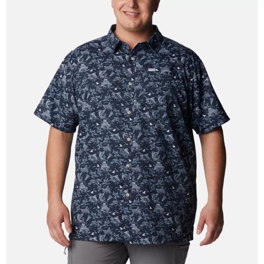 Herren Pfg Super Slack Tide Camp Hemd Big Coll Navy Small Mächtige Marlins Print Columbia