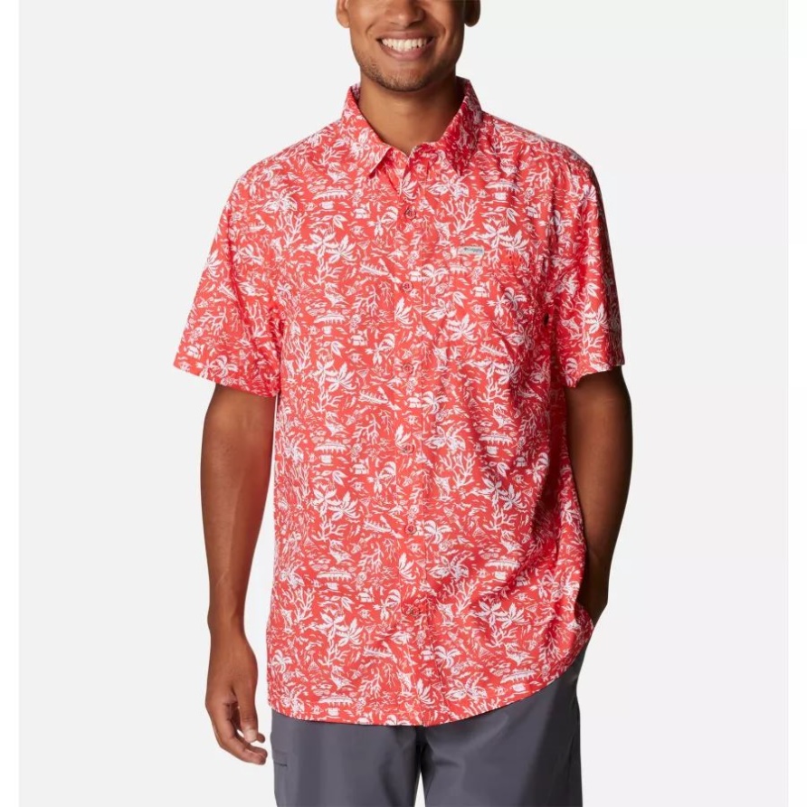 Herren Pfg Super Slack Tide Camp Shirt Roter Hibiskus Kona Print Columbia