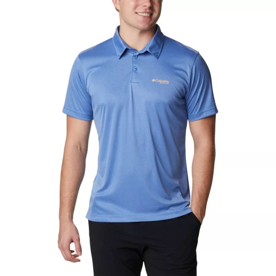 Pfg Terminal Tackle Für Herren Heather Polo Columbia Brand Lebhaftes Blaues Heather/Bright Nektar Logo