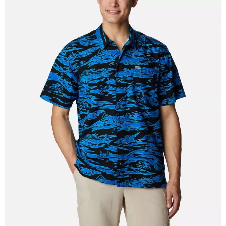 Herren Pfg Trollers Best Kurzarmhemd Schwarz Rauer Wellendruck Columbia