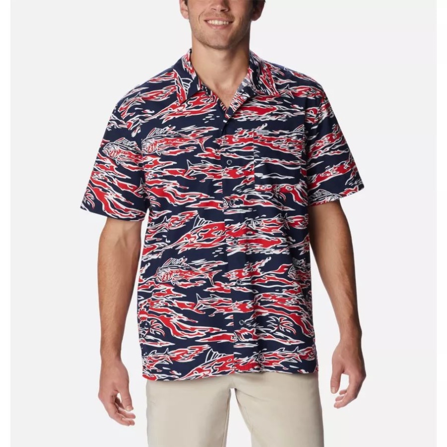 Pfg Trollers Best Kurzarmhemd Für Herren Columbia Red Spark Rauer Wellendruck