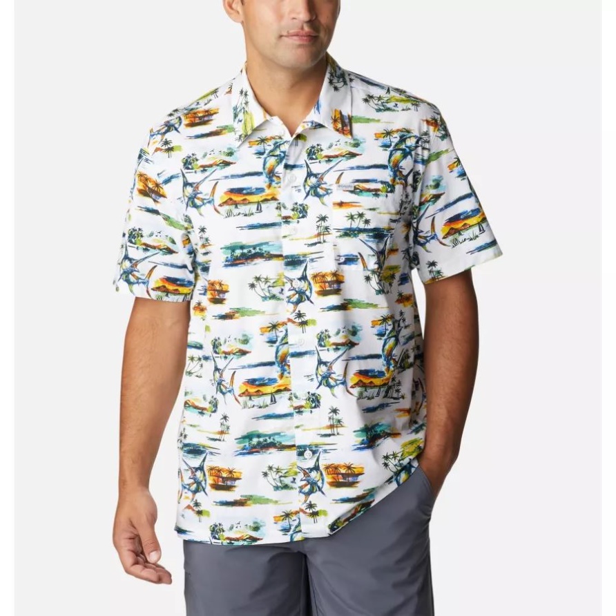 Herren Pfg Trollers Best Kurzarmhemd Weiß Aquarell Inseldruck Kolumbien