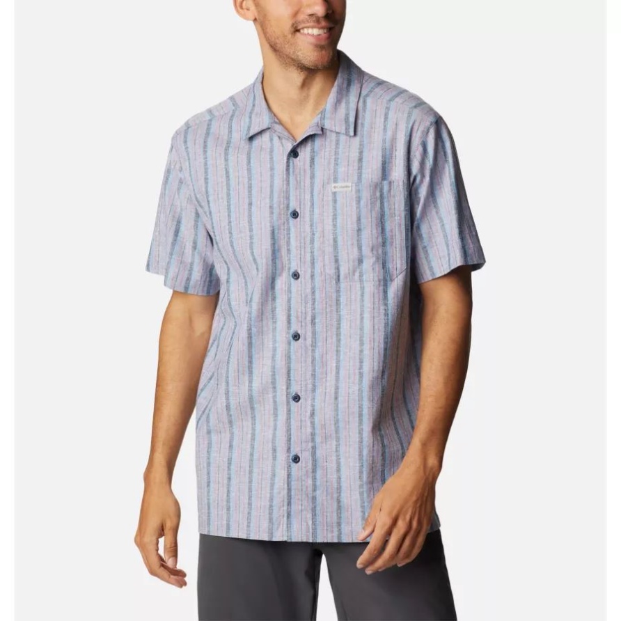 Salbei-Frühlings-Leinen-Kurzarmhemd Für Herren Columbia Collegiate Navy Walking Stripe