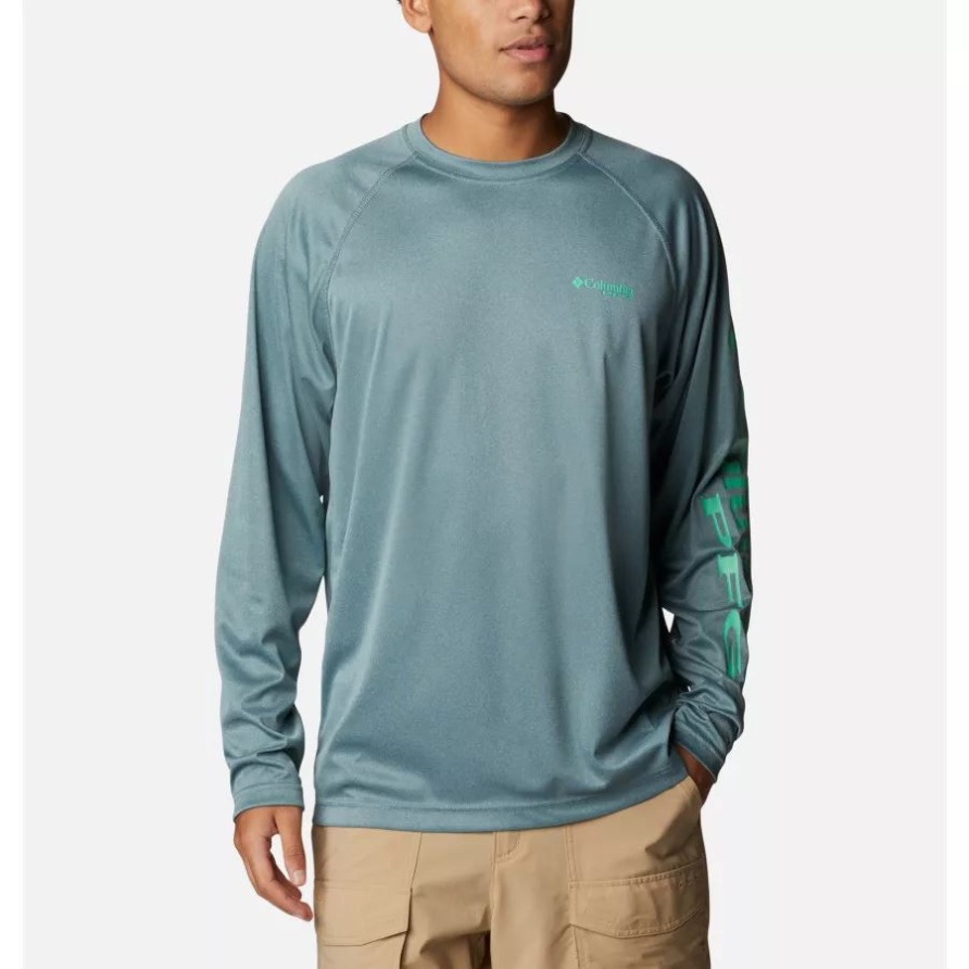 Metal Heather/Light Jade Logo Columbia Herren Pfg Terminal Tackle Heather Langarmshirt