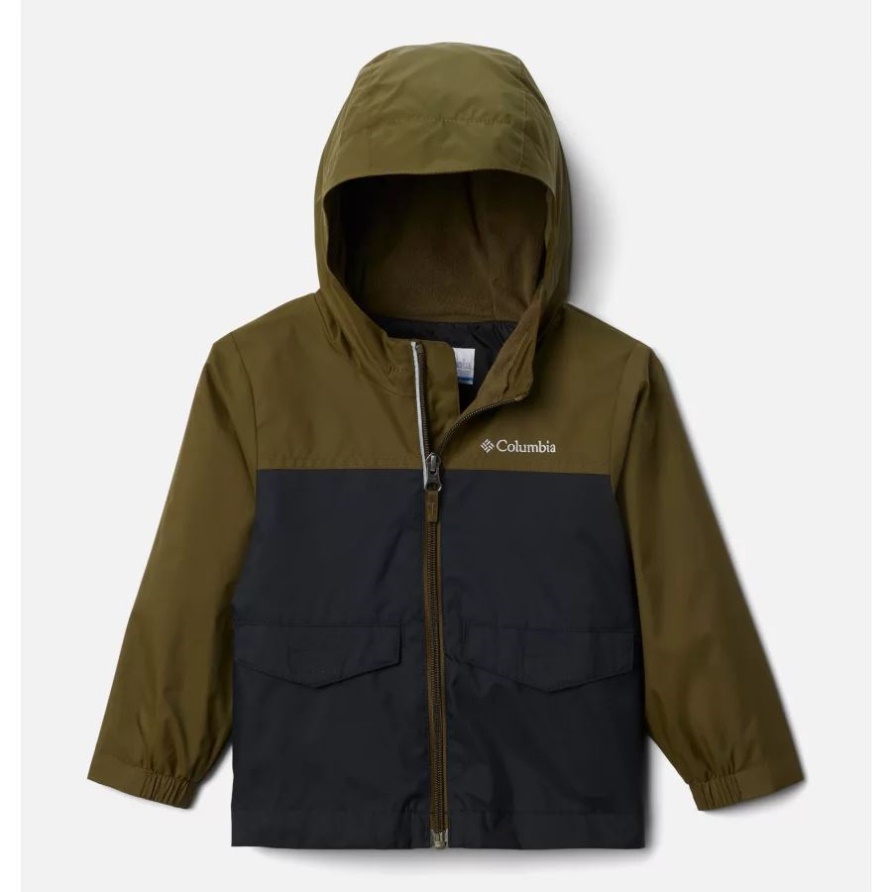 Neue Oliv/schwarze Columbia-Jungen-Kleinkind-Regen-Zilla-Jacke