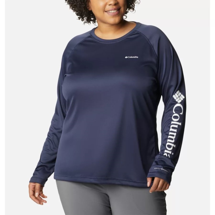 Nächtliches/weißes Logo Fork Stream Langarmshirt Für Damen Plus Größe Columbia
