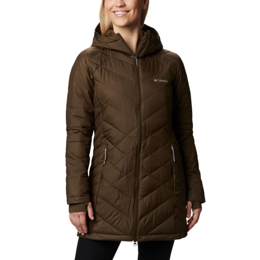 Olivgrüne Columbia Himmlische Lange Synthetische Daunenjacke Mit Kapuze Für Damen