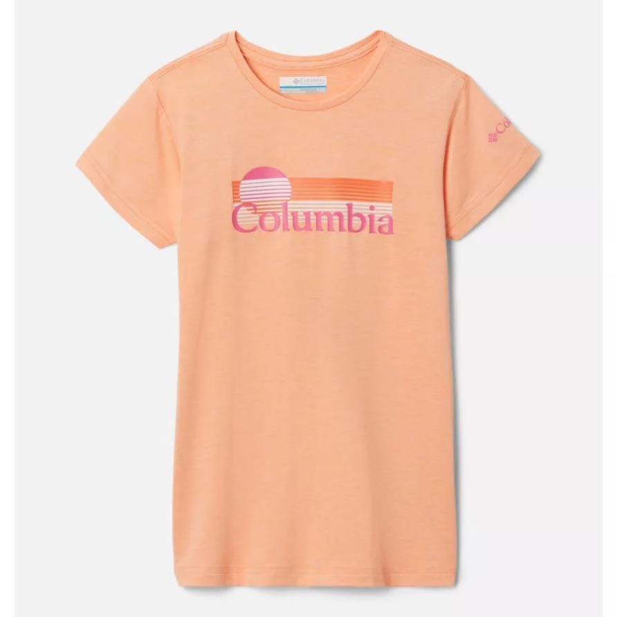 Pfirsichfarbenes Hthr/umgekehrtes Streifen-Grafik-Grafik-T-Shirt Mit Kurzarm-Auftragsspitze Für Columbia-Mädchen