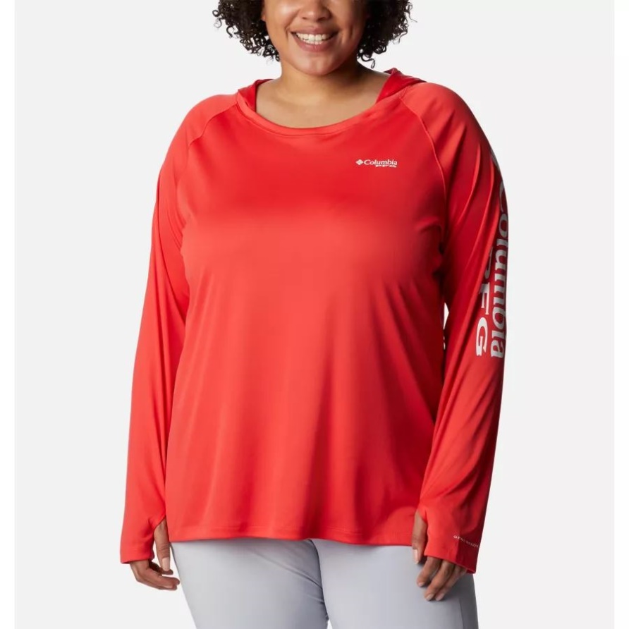 Roter Hibiskus/weißes Logo Columbia-Pfg-Gezeiten-T-Shirt-Hoodie Für Frauen In Übergröße