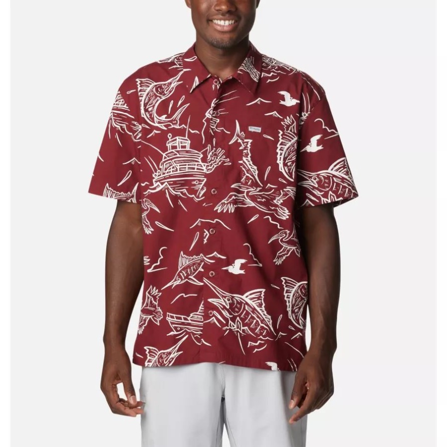 Red Jaspis Mighty Marlins Print Herren PFG Trollers Best Kurzarmhemd Columbia