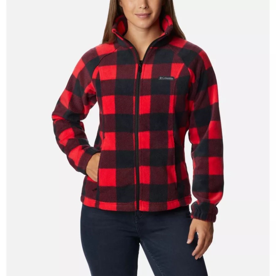 Red Lily Check Columbia Damen-Fleecejacke Mit Durchgehendem Reißverschluss Und Benton-Federn-Print