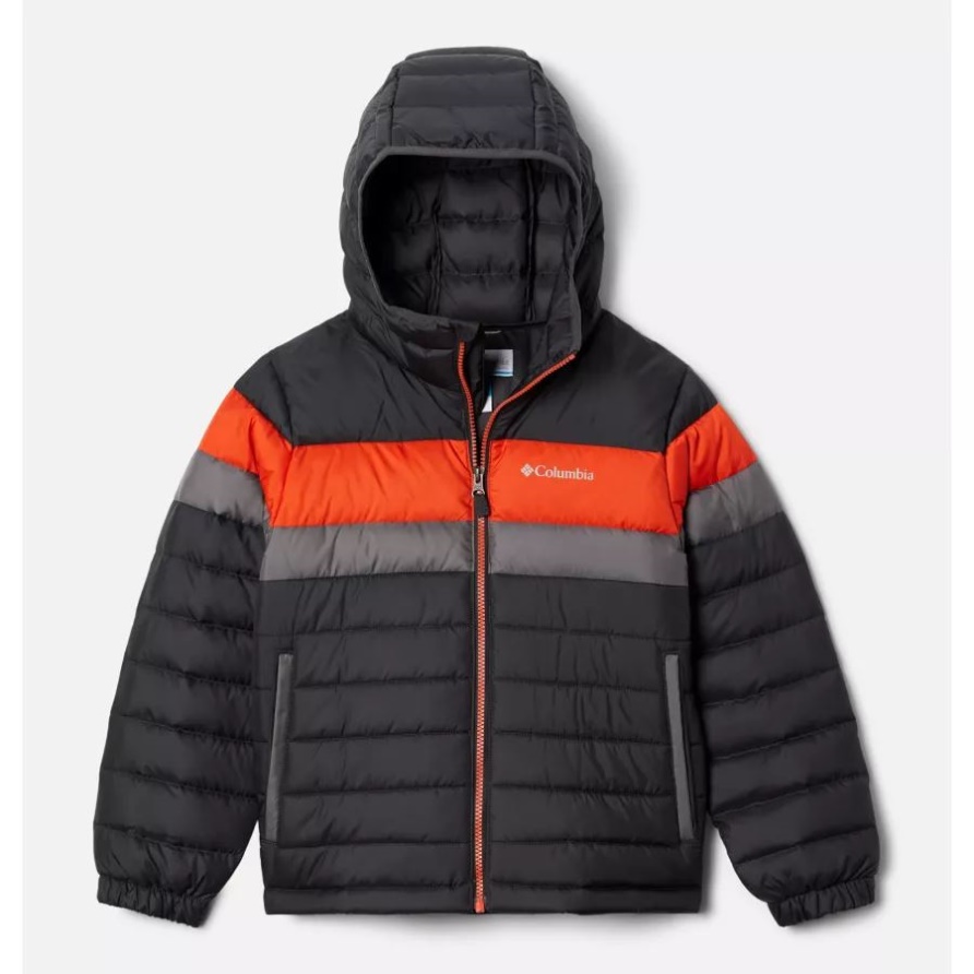 Shark/Red Quartz/City Grey Tumble Rock Daunen-Kapuzenjacke Für Jungen Columbia