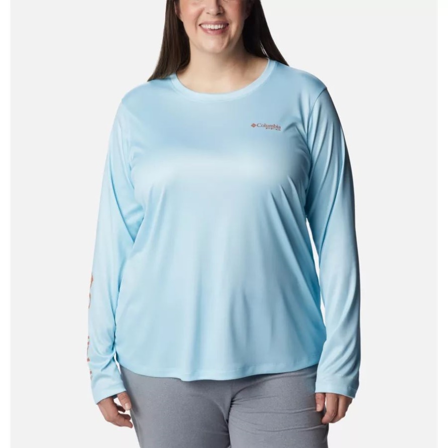 Frühlingsblau/inselorange Columbia Frauen Pfg Tidal Tee Island Time Langarmshirt Plus Größe