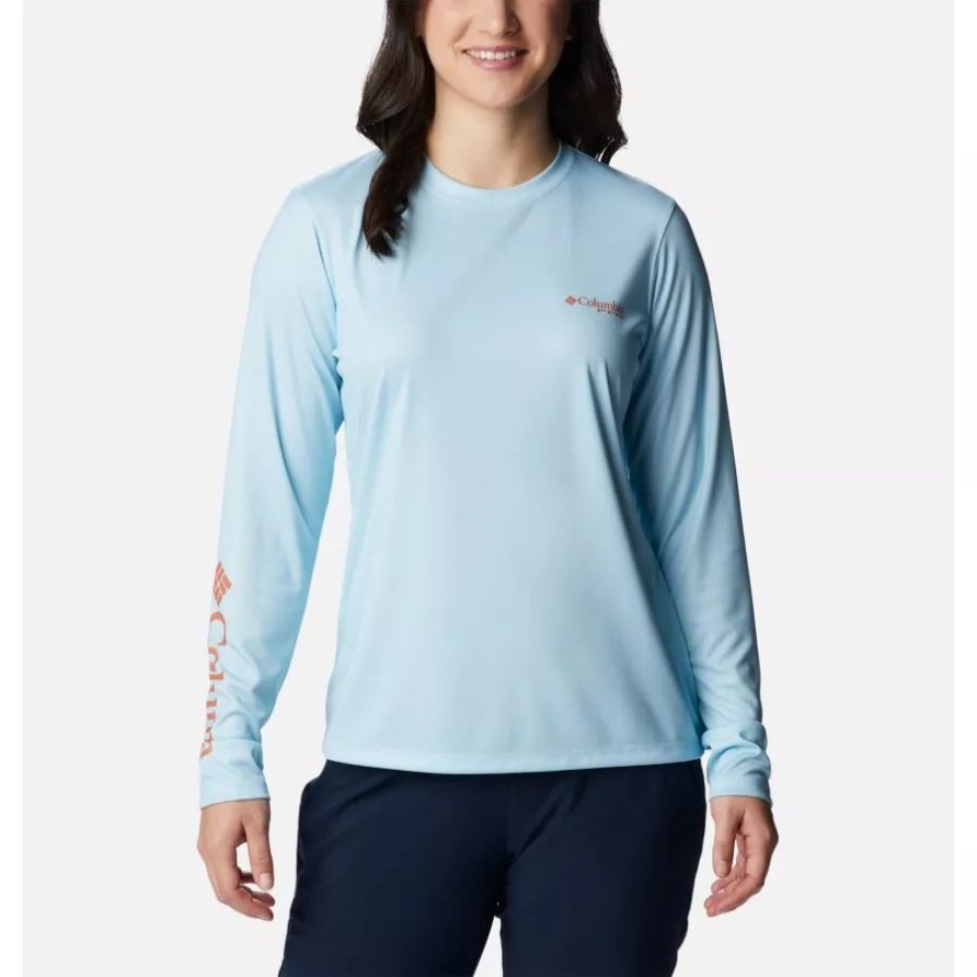 Gezeiten-T-Stück Der Frühlingsblau-/Inselorange Columbia-Frauen Langärmliges Hemd Der Inselzeit