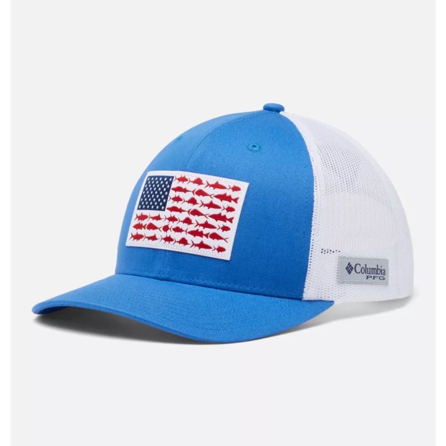 Leuchtend Blau/weiß Columbia Pfg Fish Flag Mesh Snapback Mittlere Krone