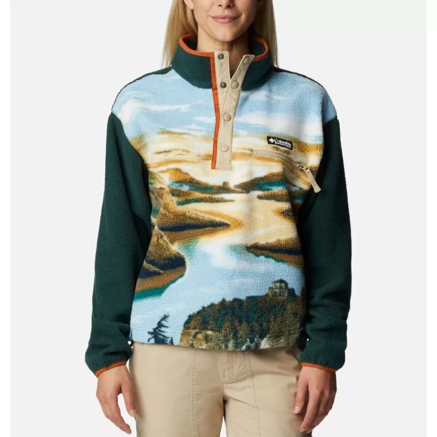 Warmer Kupfer Crg Print/fichte Helvetia Kurz Geschnittener Damen-fleecepullover Mit Halbdruckknopf Columbia