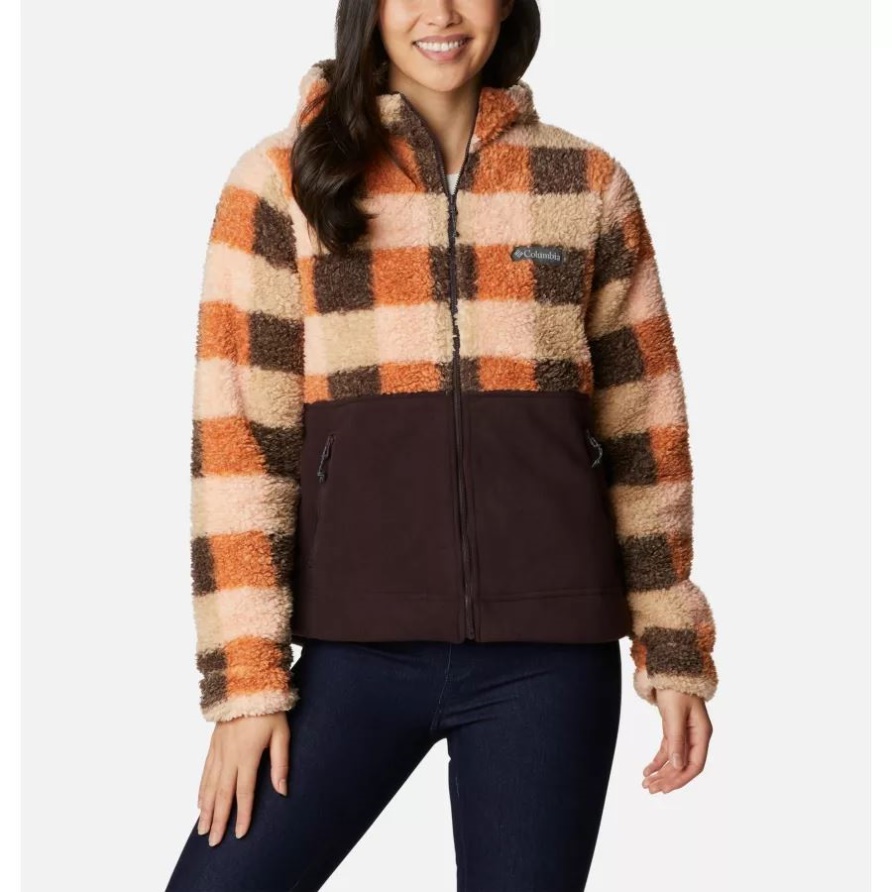 Warme, Kupferkarierte, Mehrfarbige/neue Damen-Winterpass-Sherpa-Fleecejacke Mit Kapuze Und Durchgehendem Reißverschluss Von Cinder Columbia