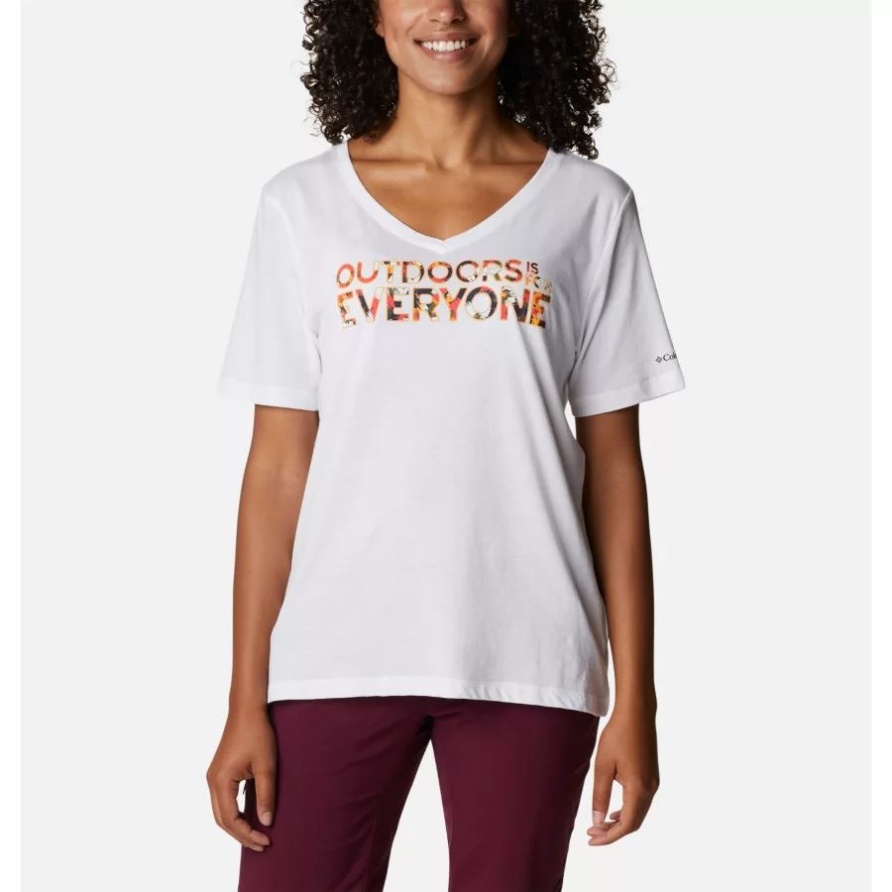 Weiß/seien Sie Im Freien Kolumbien-Frauen Bluebird Day Entspanntes Shirt Mit V-Ausschnitt
