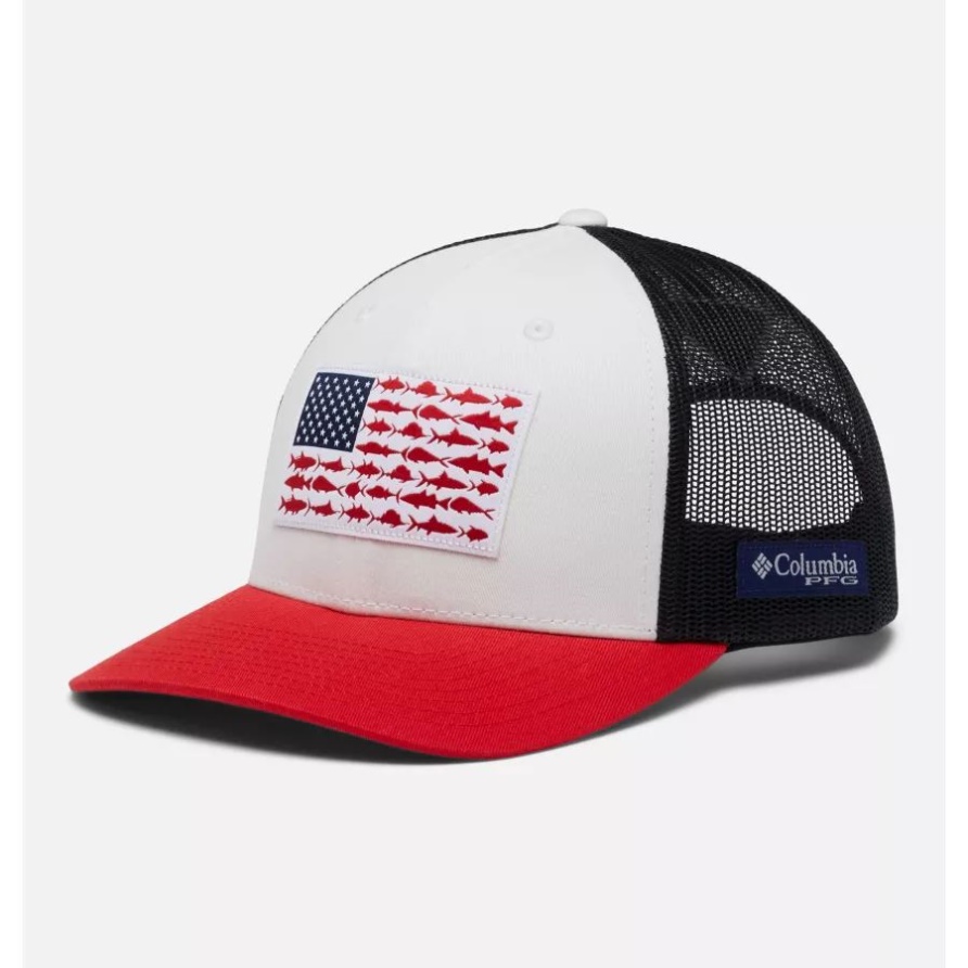 Weiß/collegiate Navy/red Spark Pfg Fish Flag Mesh Snapback Mid Crown Columbia