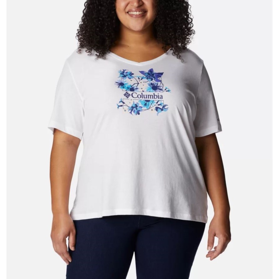 Weiß/Jubilant Escape Graphic Bluebird Day Entspanntes V-Ausschnitt-Shirt Für Damen In Übergröße Columbia