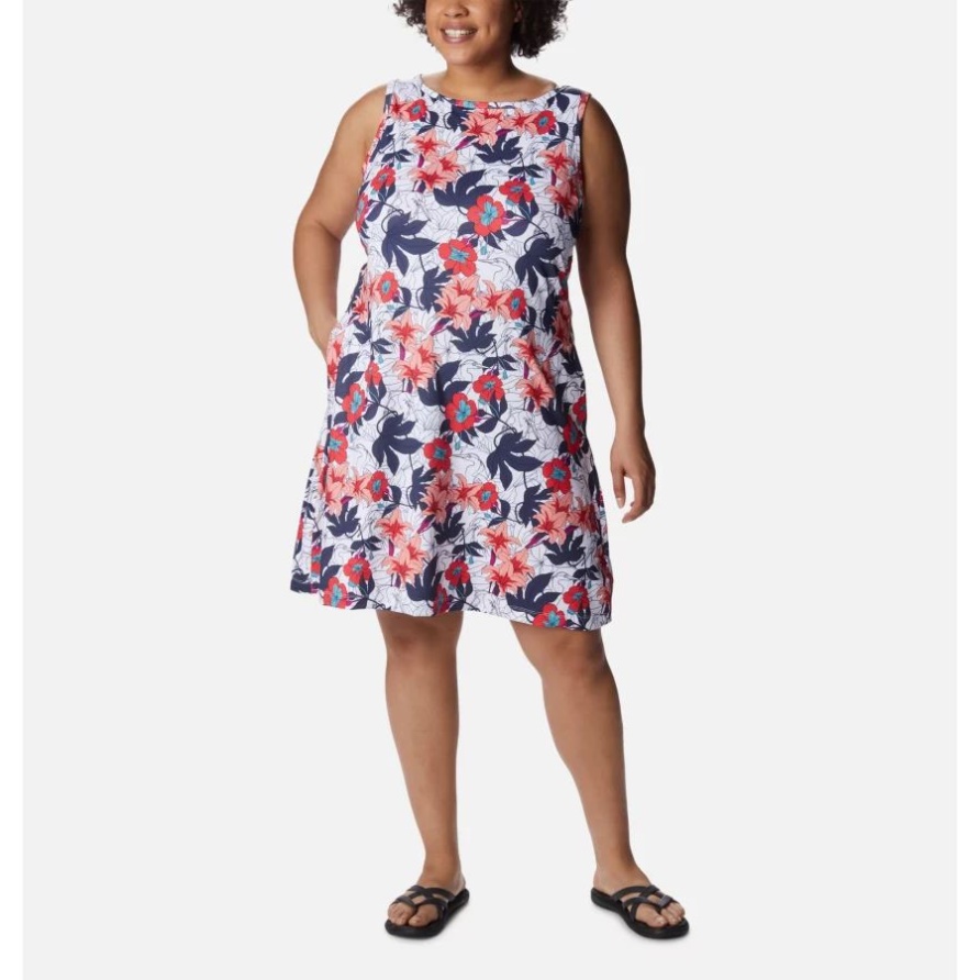 Weißes Lakeshore-Blumen-Multi-Columbia-Damenkleid Mit Chill-River-Print In Übergröße