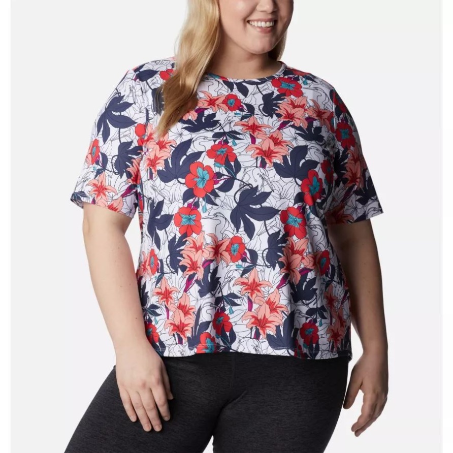 Weißes Lakeshore-Blumen-Multi-Print-Damen-Chill-River-Kurzarmhemd In Übergröße Columbia