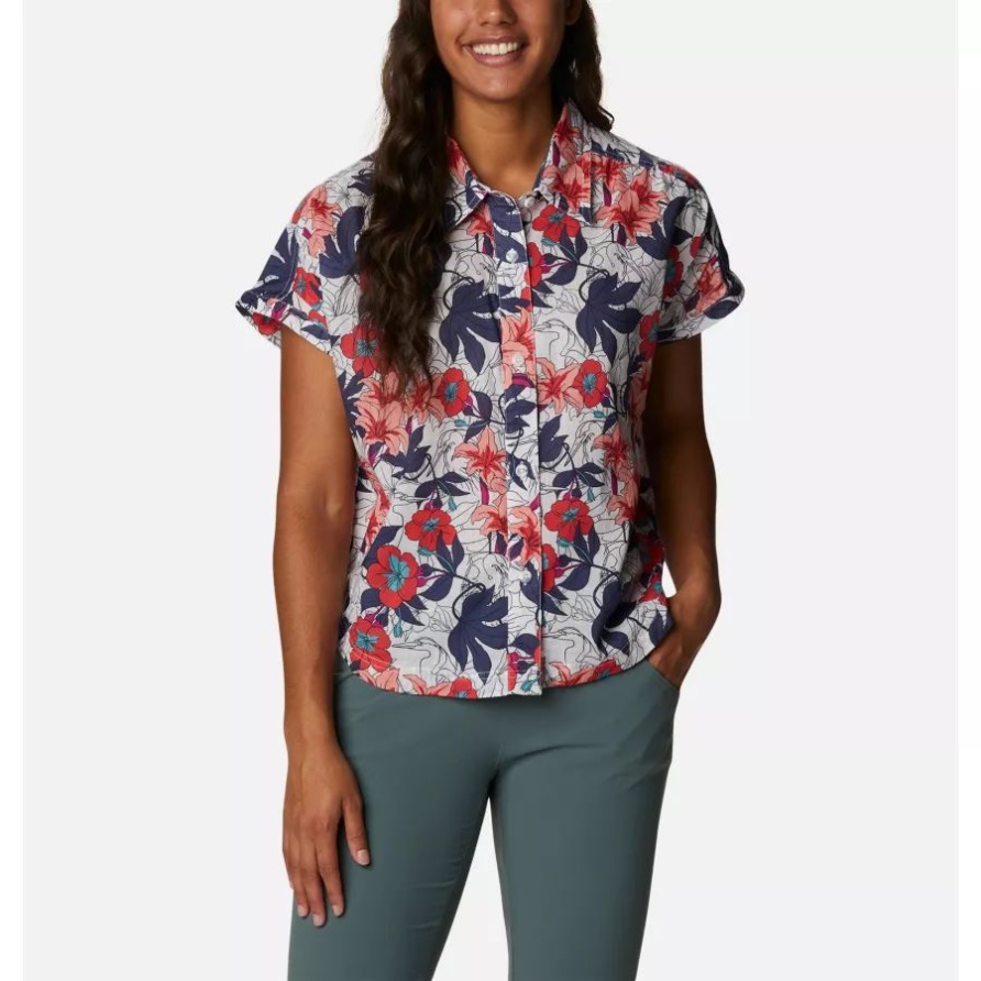 White Lakeshore Floral Multi Damen's Camp Henry Iv Casual Kurzarmhemd Columbia