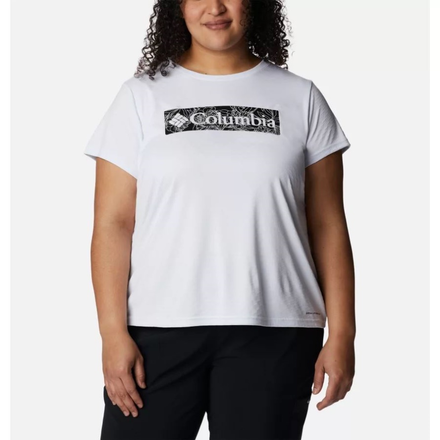 Kurzärmliges Crew-Shirt Mit Cirro-Eis-Grafik Und Weißen Blattlinien Für Damen In Übergröße Columbia