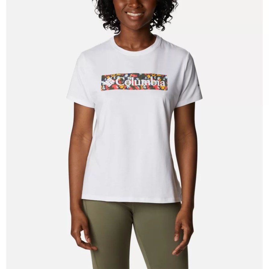Weiß/Taifun-Blütenrahmen Sun Trek Technisches Grafik-T-Shirt Kolumbien-Frauen