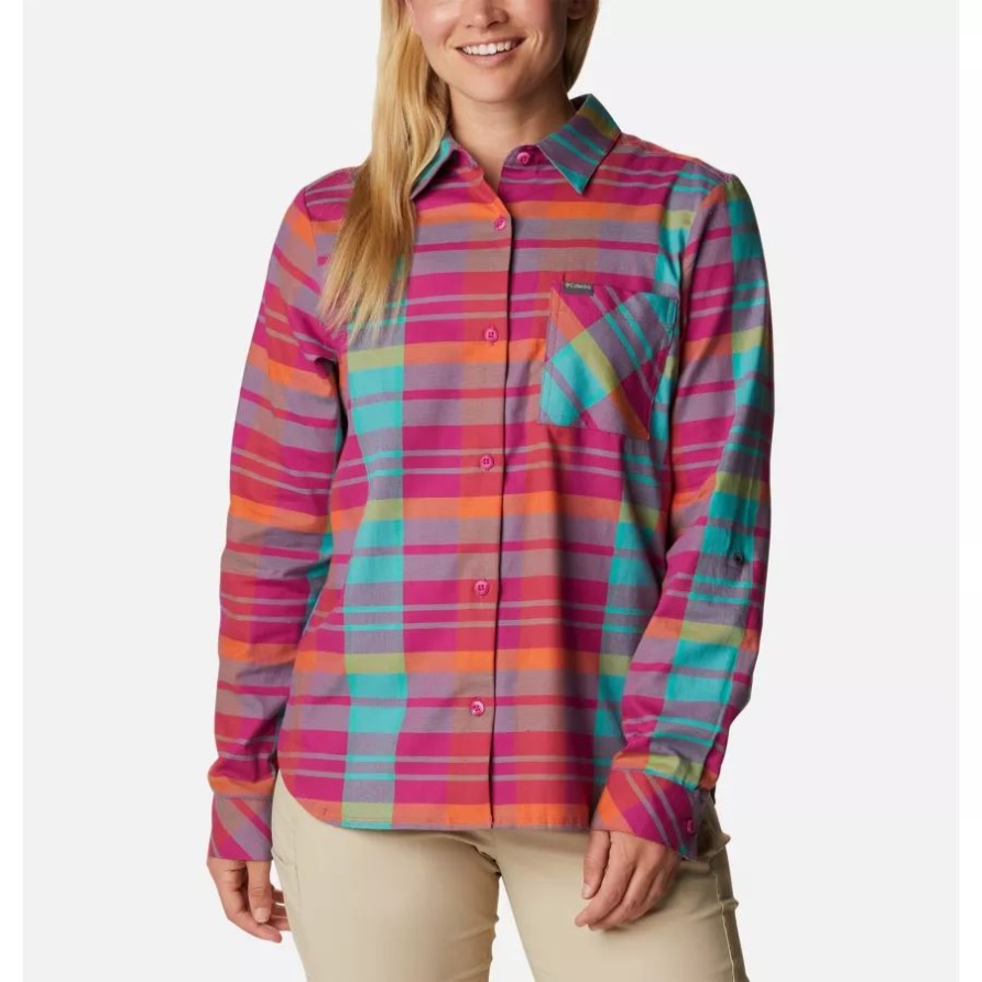 Wildes Fuchsiafarbenes Madras-Kolumbien-Frauen Jederzeit Lässiges II-Ausdehnungs-Langarm-T-Shirt