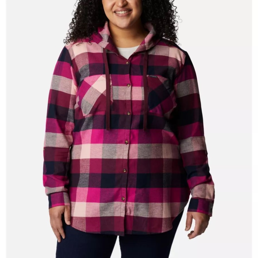 Damen-Hemd Mit Kapuze Und Stretch, Langärmlig, Übergröße, Columbia Wild Fuchsia Buffalo Check