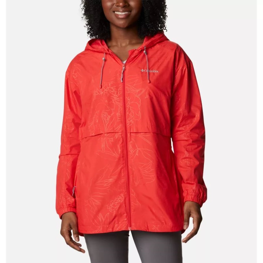 Auroras Wake Iii Kapuzenjacke Für Damen Roter Hibiskus Belaubte Linien Prägen Columbia