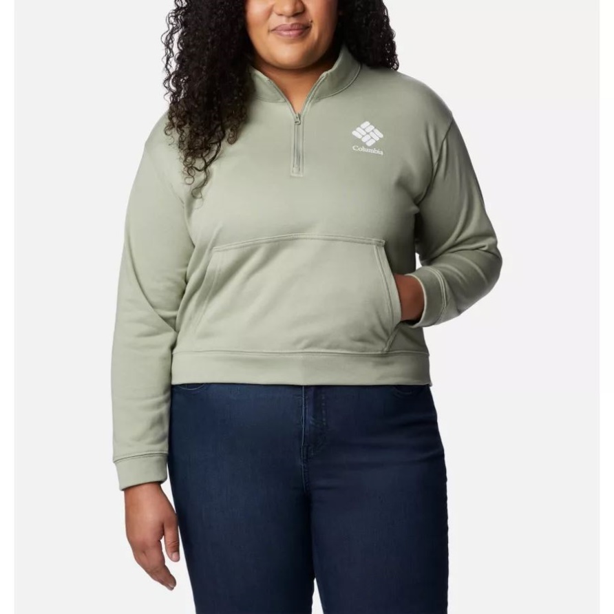 Columbia Trek French Terry Sweatshirt Mit Halbem Reißverschluss Für Damen Plus Größe Columbia Safari/weißes CSC-Stapellogo