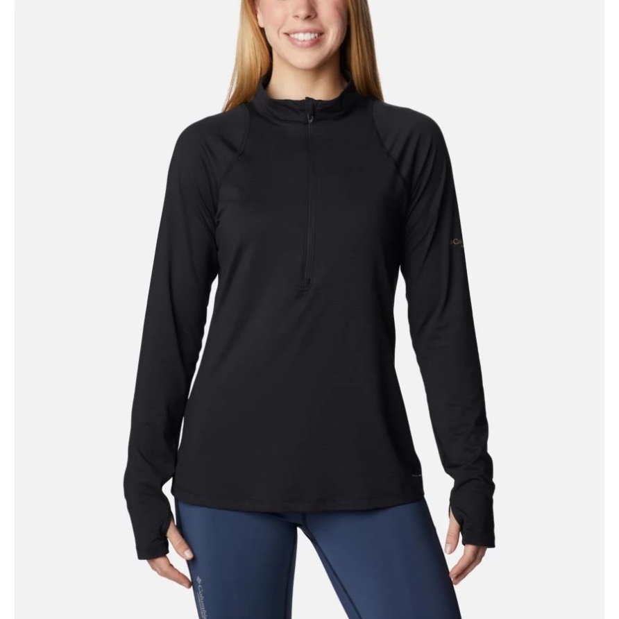 Damen-Endless-Trail-Netzshirt Mit Halbem Reißverschluss, Langärmlig, Schwarz, Kolumbien